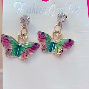 Butterfly dangle earrings with rhinestone at top